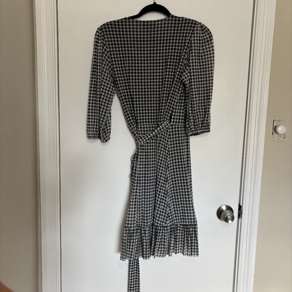 Ganni Black White Gingham Wrap Dress 36 V Neck Half Sleeve - Picture 3 of 7